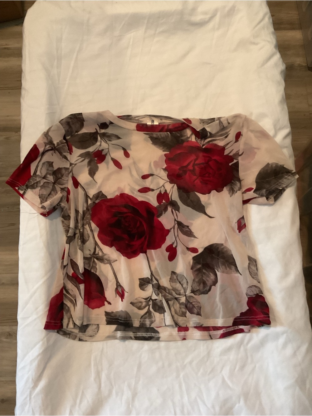 Sheer Floral Short Sleeve sheer Blouse in Red Rose Print